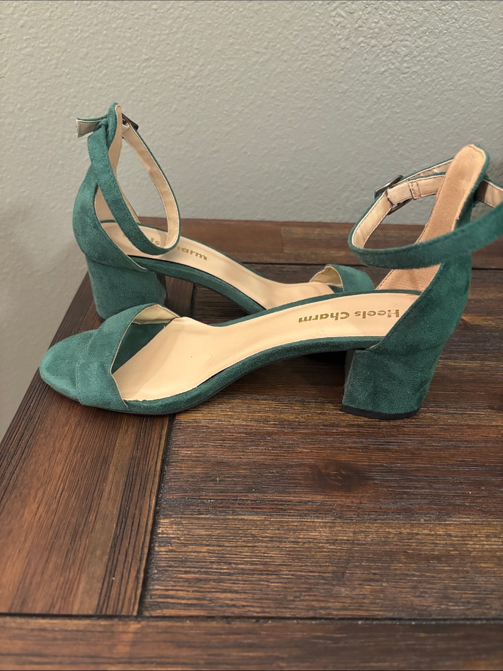 Green Suede Block Heel Sandals with Ankle Strap